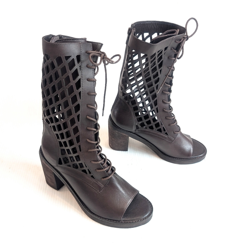 VINTAGE FOUNDRY CO. Normandy Brown Leather Fishnet Cutout Block Heel Boots